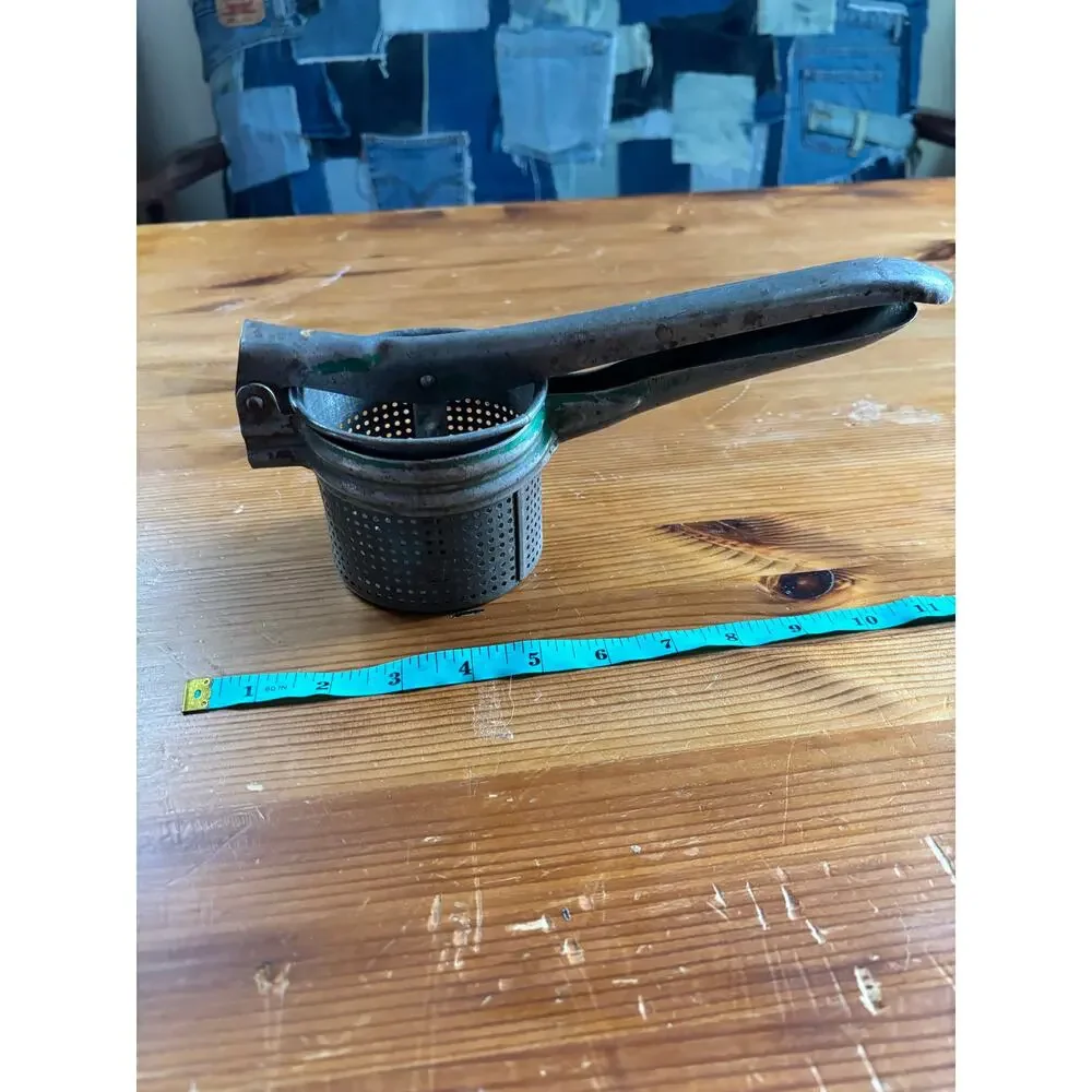 Vintage 1950s Metal Potato Ricer Green Handle Mid Century Modern Kitchen Tool